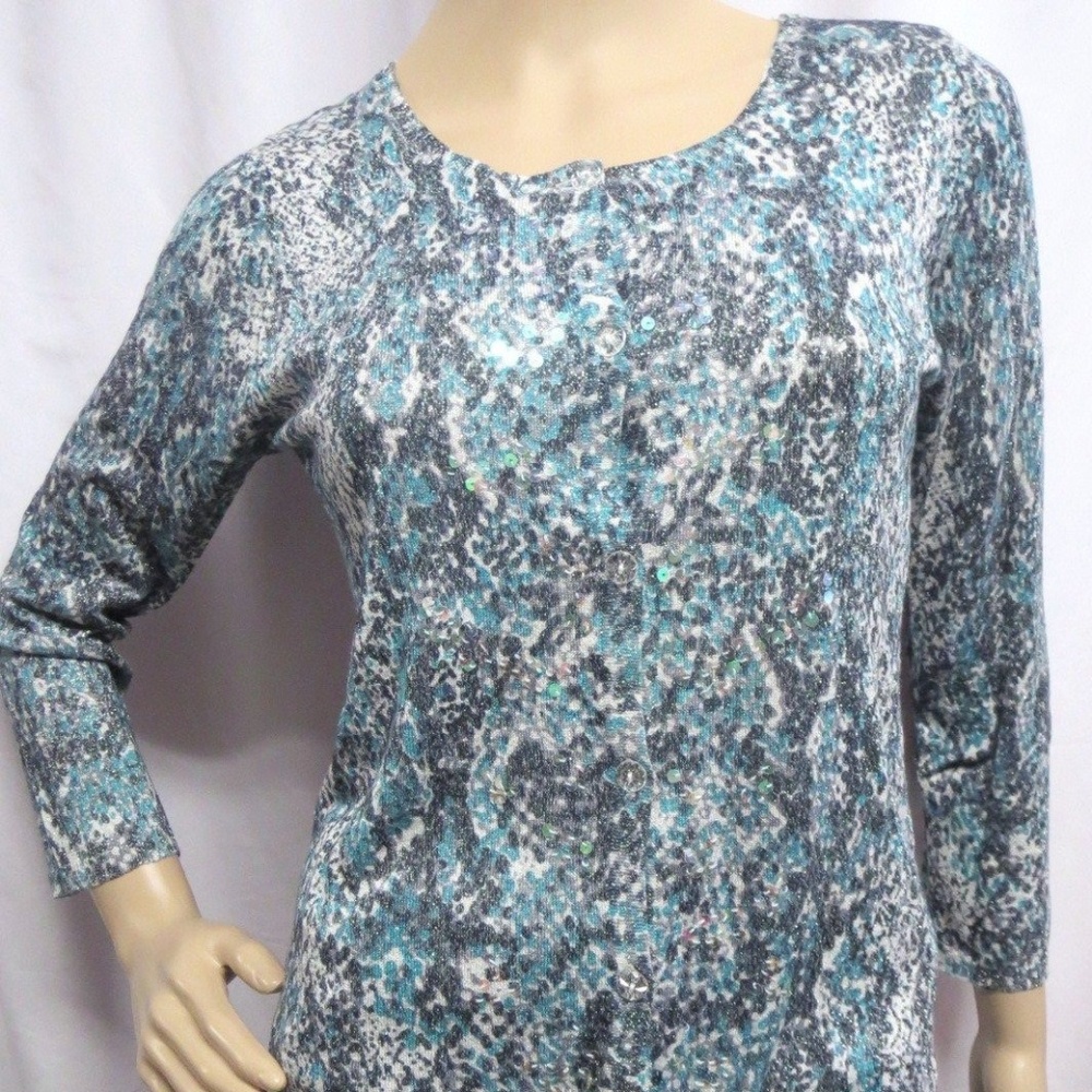 Dana Buchman Sequin Snakeskin Cardigan Aqua XS S‎